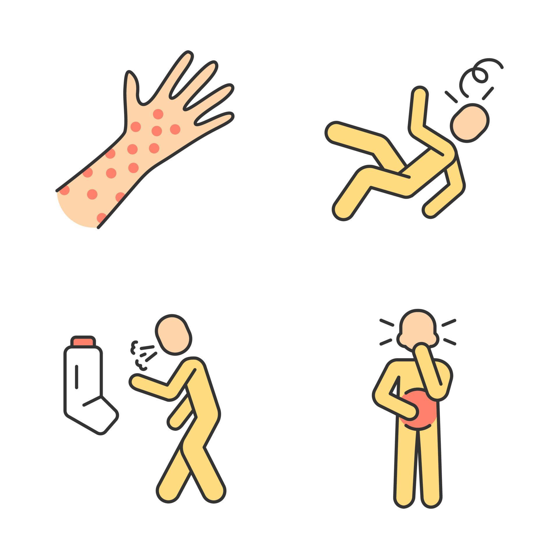 Infection, allergy symptoms color icons set. Skin rash allergic