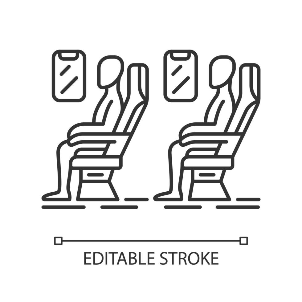 Passengers at plane salon linear icon. Airplane comfortable seating. Jet relaxed travelers. Aircraft cabin. Thin line illustration. Contour symbol. Vector isolated outline drawing. Editable stroke