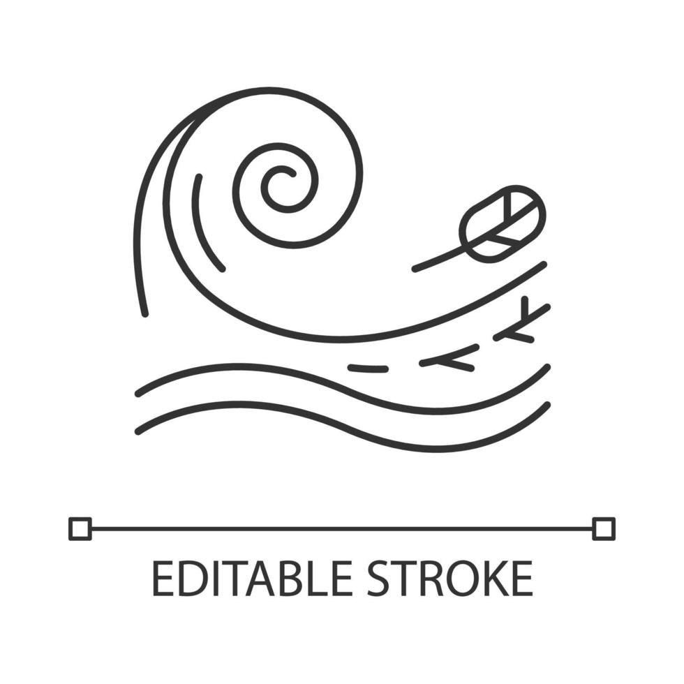 Tsunami linear icon. Sea storm. Water splash. Groundswell. Tide. Flash flood. Ocean heavy wave and leaf. Thin line illustration. Contour symbol. Vector isolated outline drawing. Editable stroke