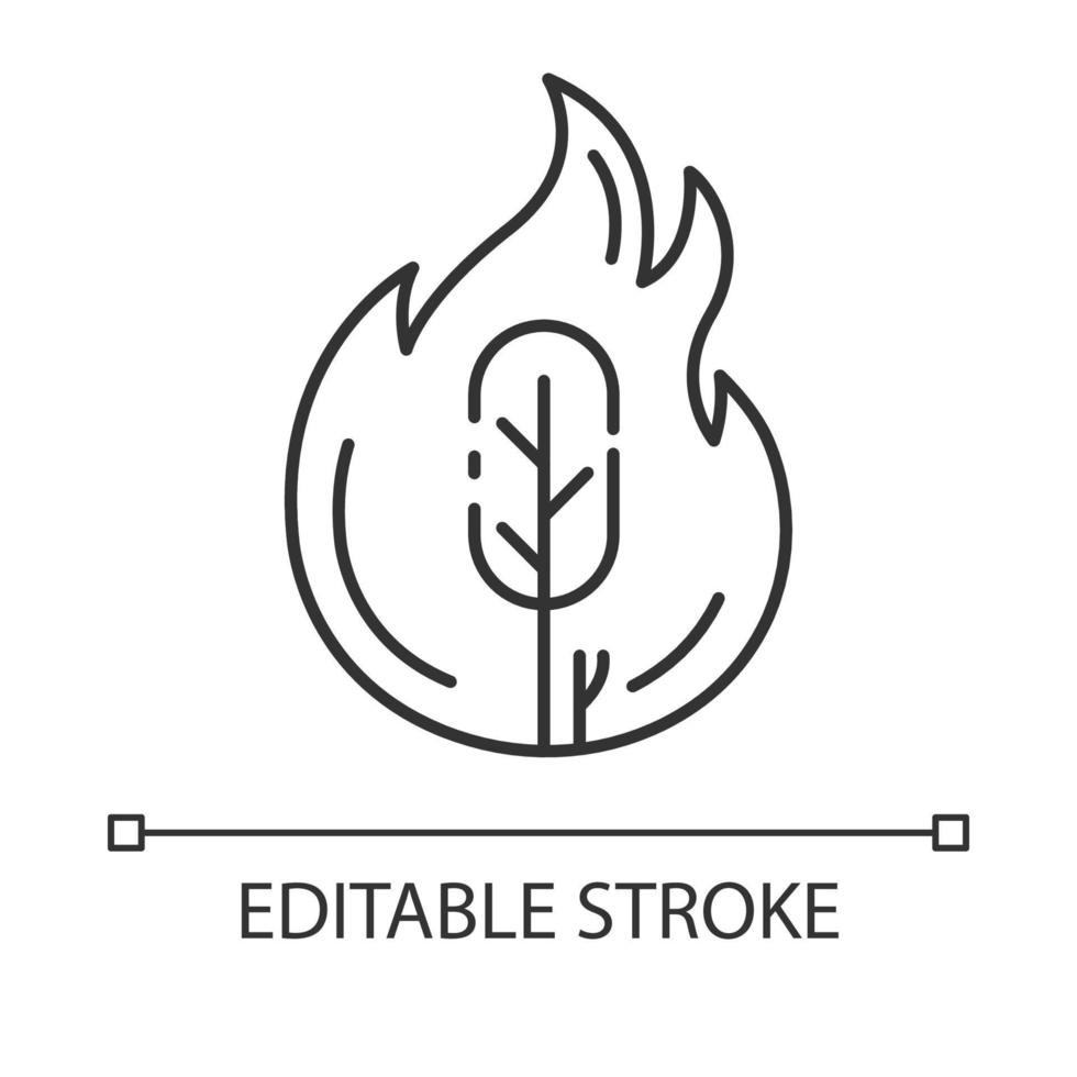 Wildfire linear icon. Burning tree. Ecological problem. Human negligence, arson. Danger of fire in forest. Thin line illustration. Contour symbol. Vector isolated outline drawing. Editable stroke