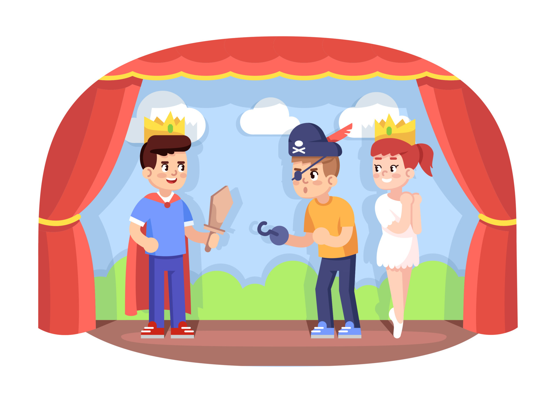 Children drama club flat vector illustration. School play. Young theatre  troupe. Extracurricular activities. Development of acting skills. Kids  acting performance on stage cartoon characters 4980238 Vector Art at  Vecteezy