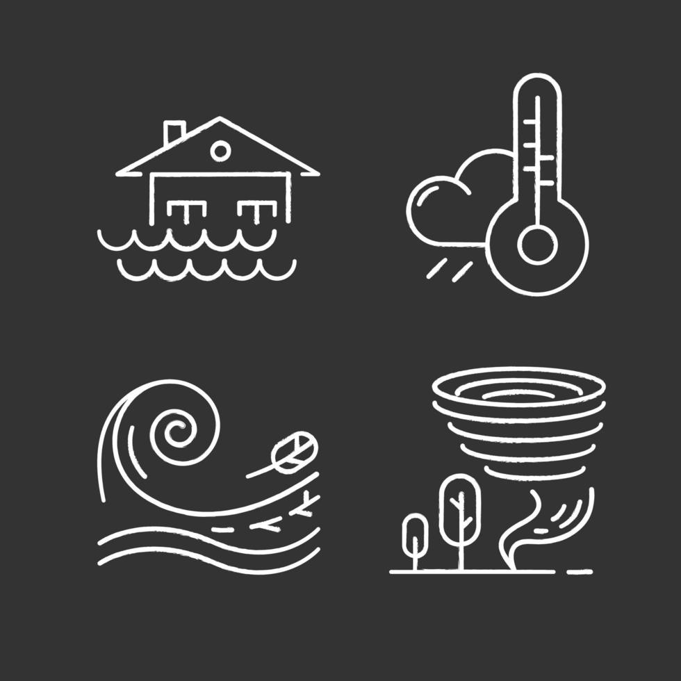 Natural disaster chalk icons set. Geological, atmospheric catastrophes. Weather forecast, flood, tornado, tsunami. Global climate changes danger. Isolated vector chalkboard illustrations