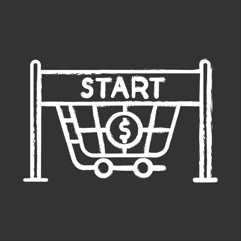 Start selling chalk icon. Store opening. Waiting for buyers. Entrance to supermarket, shopping cart. Trading. Launch new business. Commercial activity. Isolated vector chalkboard illustration