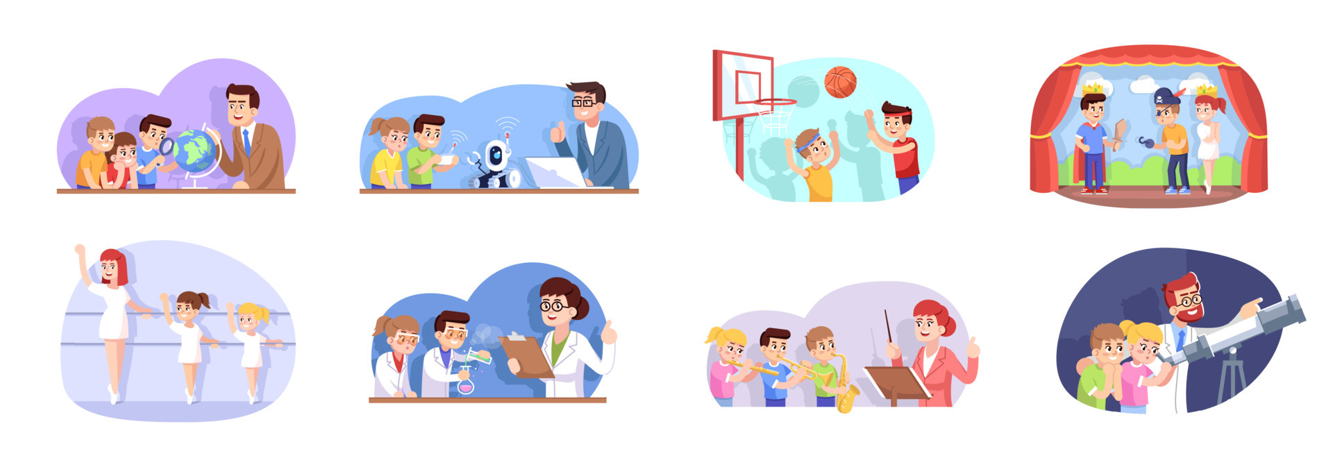 After school flat vector illustrations set. Interest classes for