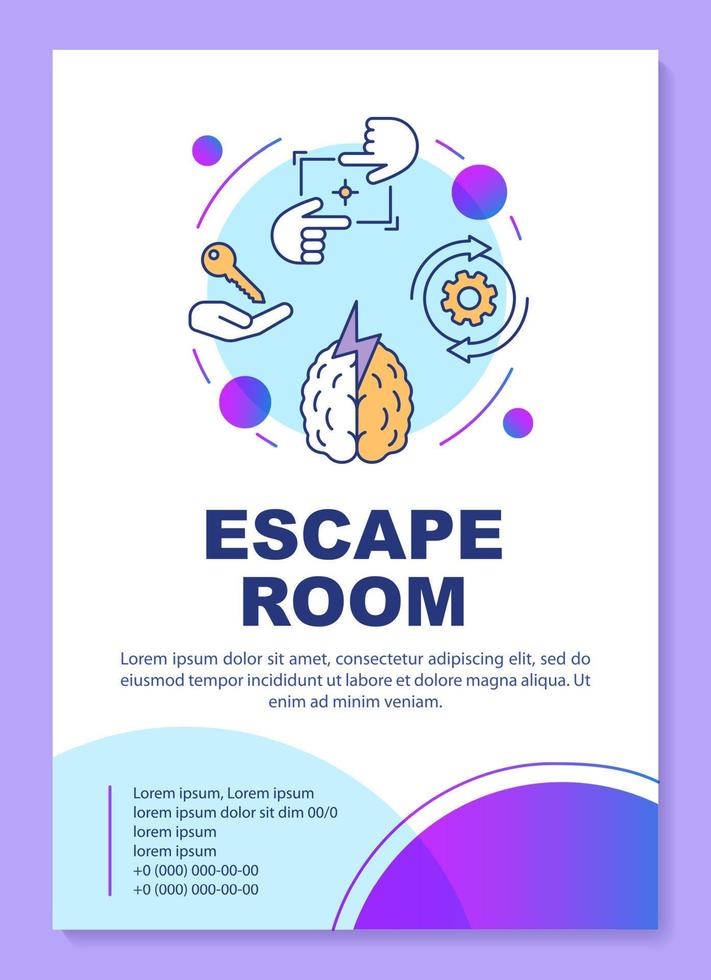 Diseño de plantilla de póster de sala de escape. banner de búsqueda, folleto, diseño de impresión de folletos con iconos lineales. Diseño de página de folleto de vector de juego de estrategia de la vida real para revistas, folletos publicitarios