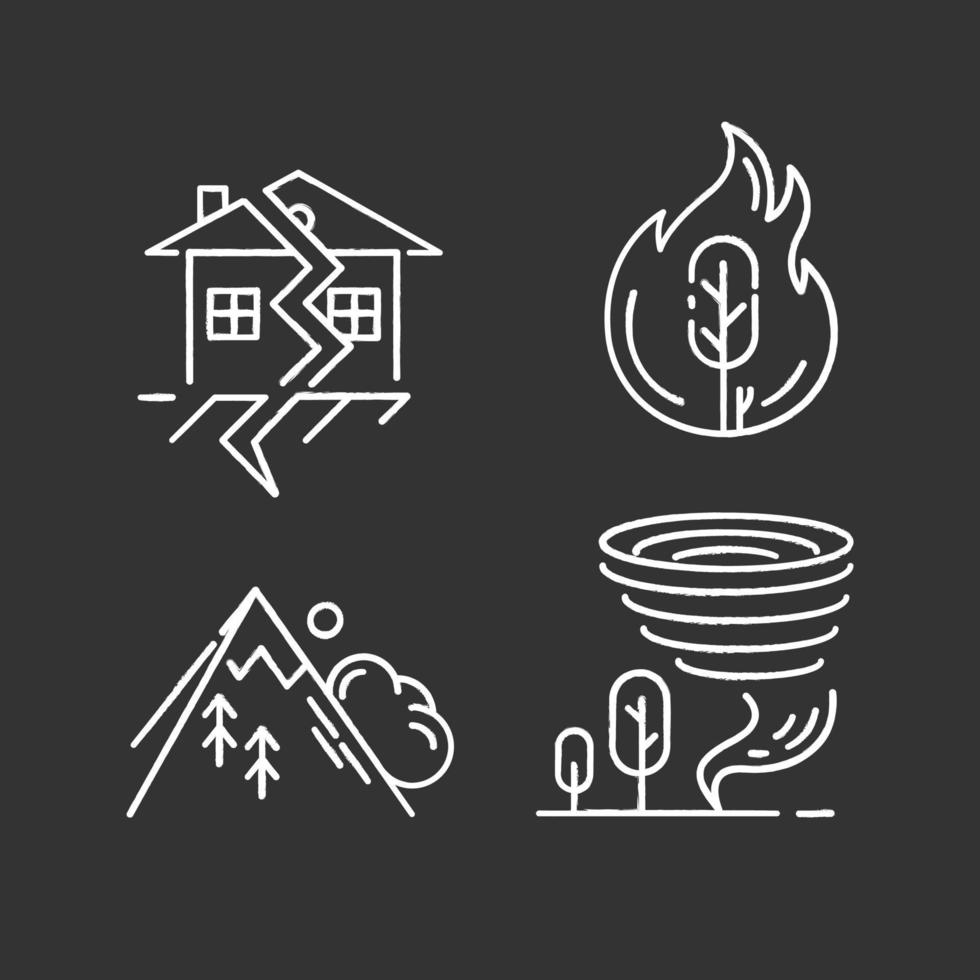 Conjunto de iconos de tiza de desastres naturales. catástrofes globales. incendios forestales, terremotos, tornados, avalanchas. fuerza destructiva de la naturaleza. peligros geológicos, atmosféricos. ilustraciones de pizarra vector aislado