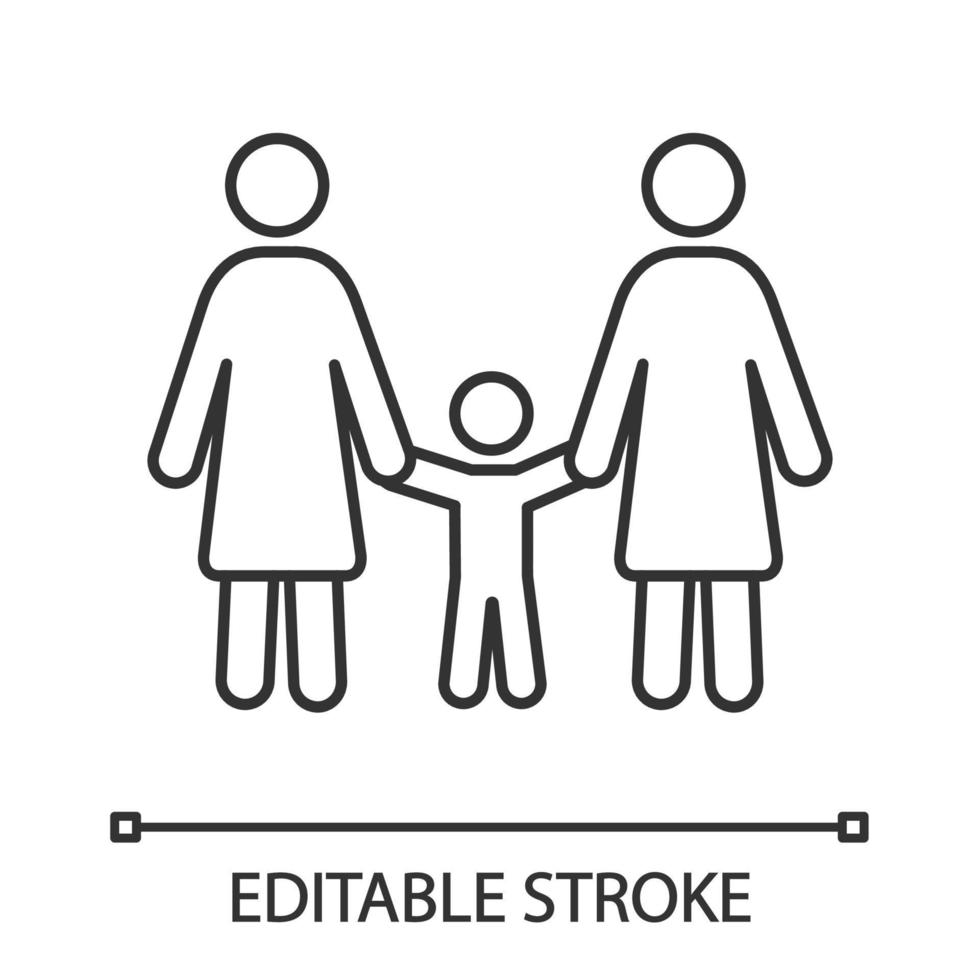 Lesbian family linear icon. Thin line illustration. Same sex parenting. Two moms with child. Lesbian adoption. LGBT parents. Contour symbol. Vector isolated outline drawing. Editable stroke