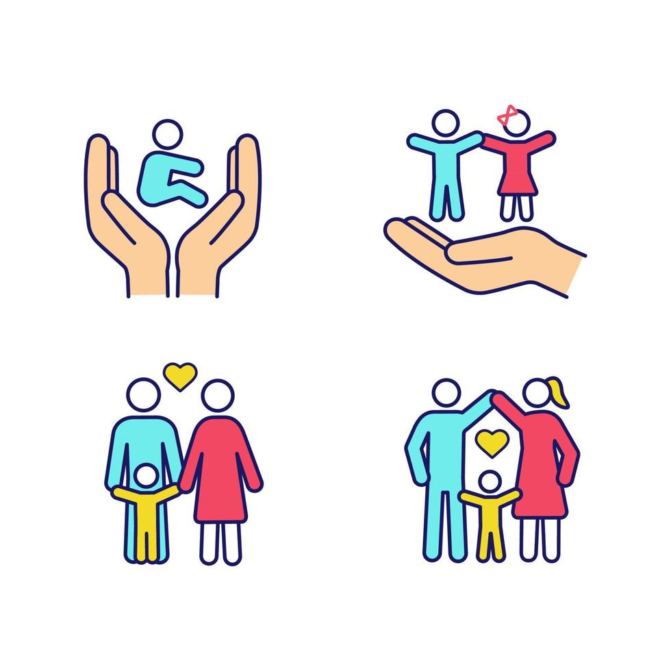 Child custody color icons set. Childcare. Children's rights and protection, happy families. Positive parenting. Isolated vector illustrations