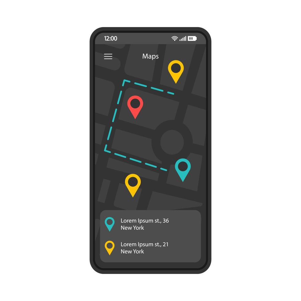 Plantilla de vector de interfaz de aplicación de navegación GPS. Diseño de página de aplicación móvil en negro. pantalla de búsqueda de ruta. aplicación de interfaz de usuario plana. eligiendo destino. pantalla del teléfono con mapa digital, puntos