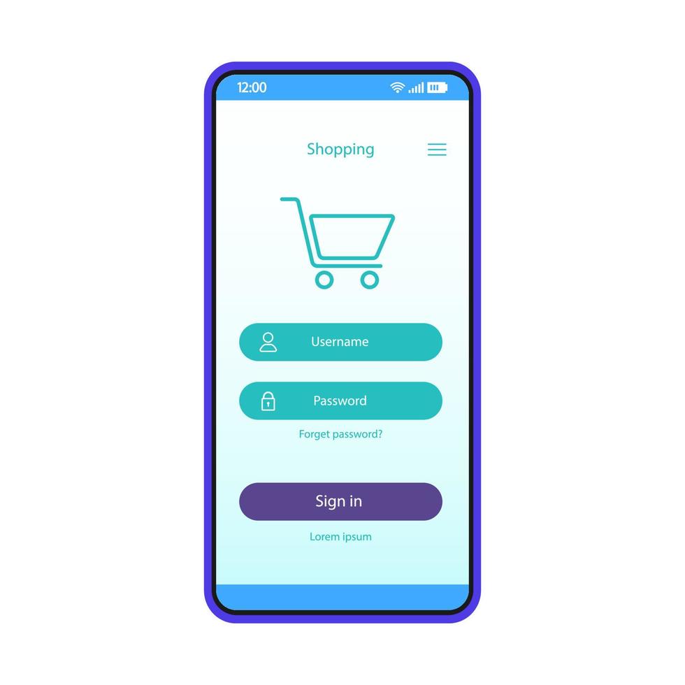 Online shopping account interface vector template. Digital purchase. Mobile app page design layout. Internet store sign in screen. User authorization. Flat UI. Phone display with password, username
