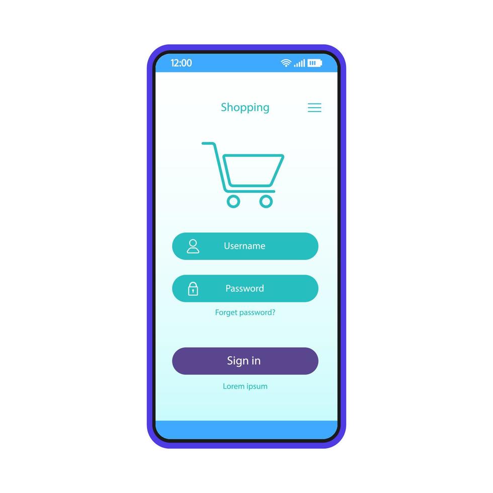 plantilla de vector de interfaz de cuenta de compras en línea. compra digital. diseño de la página de la aplicación móvil. pantalla de inicio de sesión de la tienda de Internet. autorización de usuario. ui plana. pantalla del teléfono con contraseña, nombre de usuario