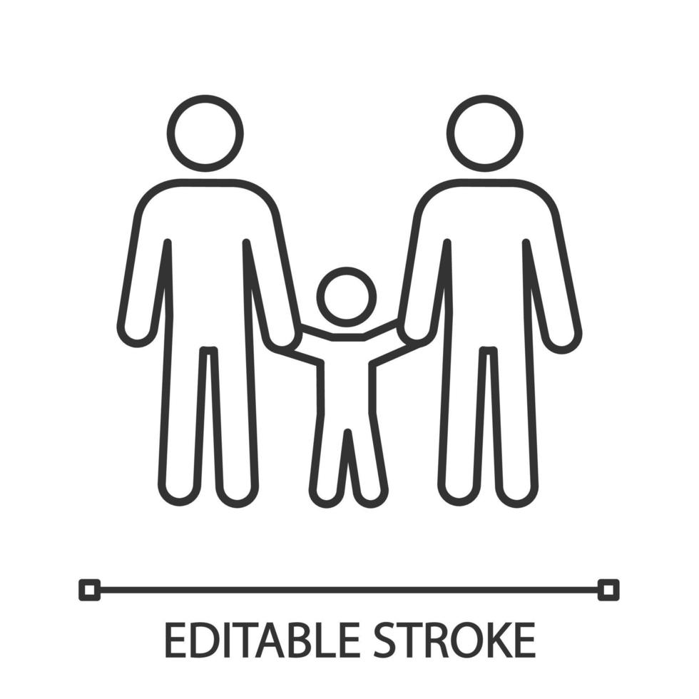 Gay family linear icon. Thin line illustration. Two dads with child. Same sex parenting. LGBT parents. Two men with kid. Gay adoption. Contour symbol. Vector isolated outline drawing. Editable stroke