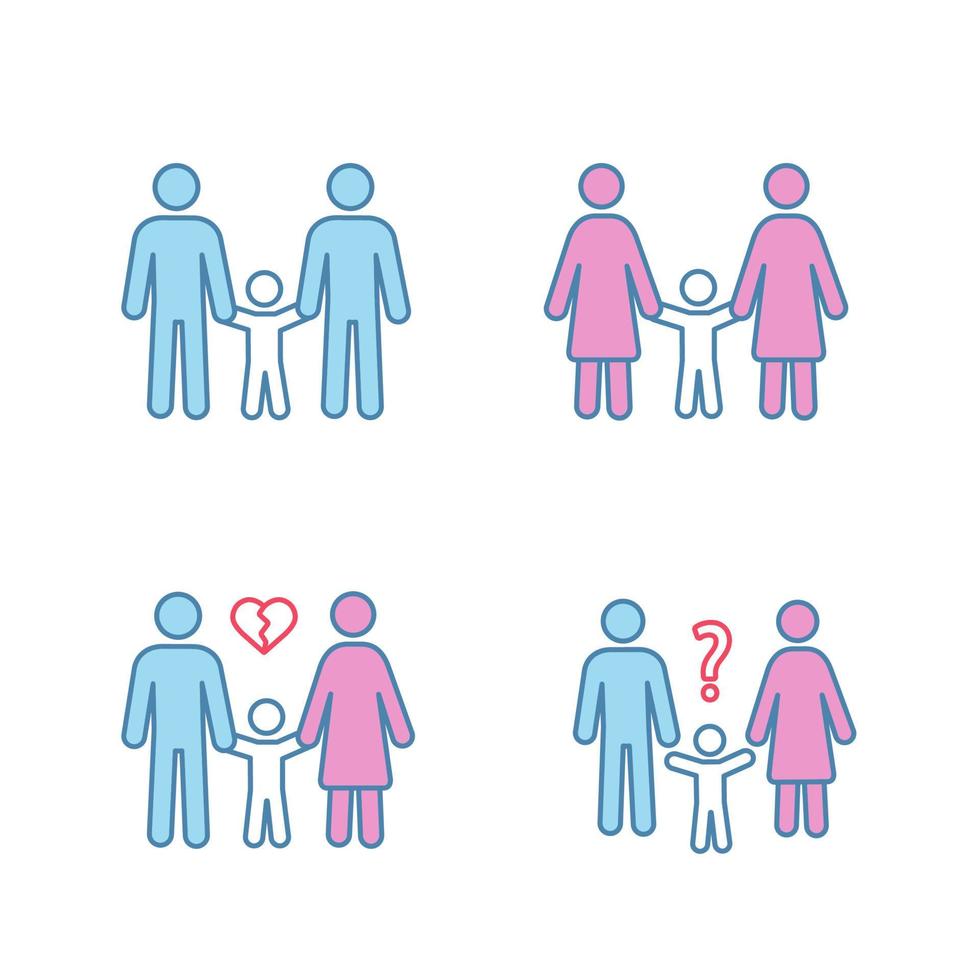 Child custody color icons set. Parenthood. LGBT families. Same sex parenting, divorce, child custody evaluation. Isolated vector illustrations