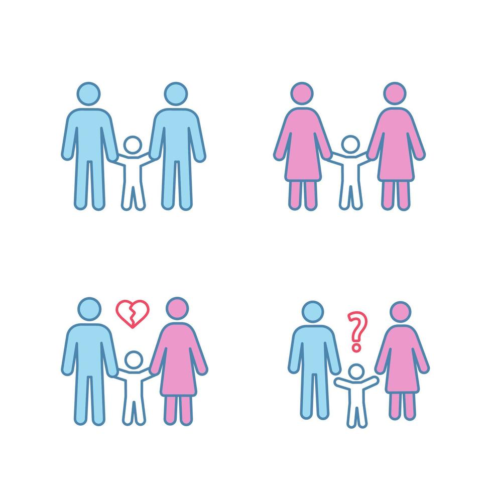 Child custody color icons set. Parenthood. LGBT families. Same sex parenting, divorce, child custody evaluation. Isolated vector illustrations