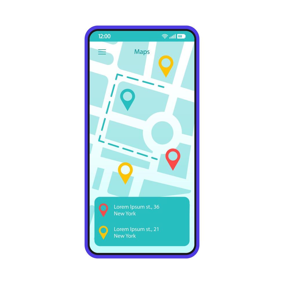 Route searching app interface vector template. Mobile application page black design layout. GPS navigation screen. Flat UI application. Choosing destination. Phone display with digital map, pinpoints