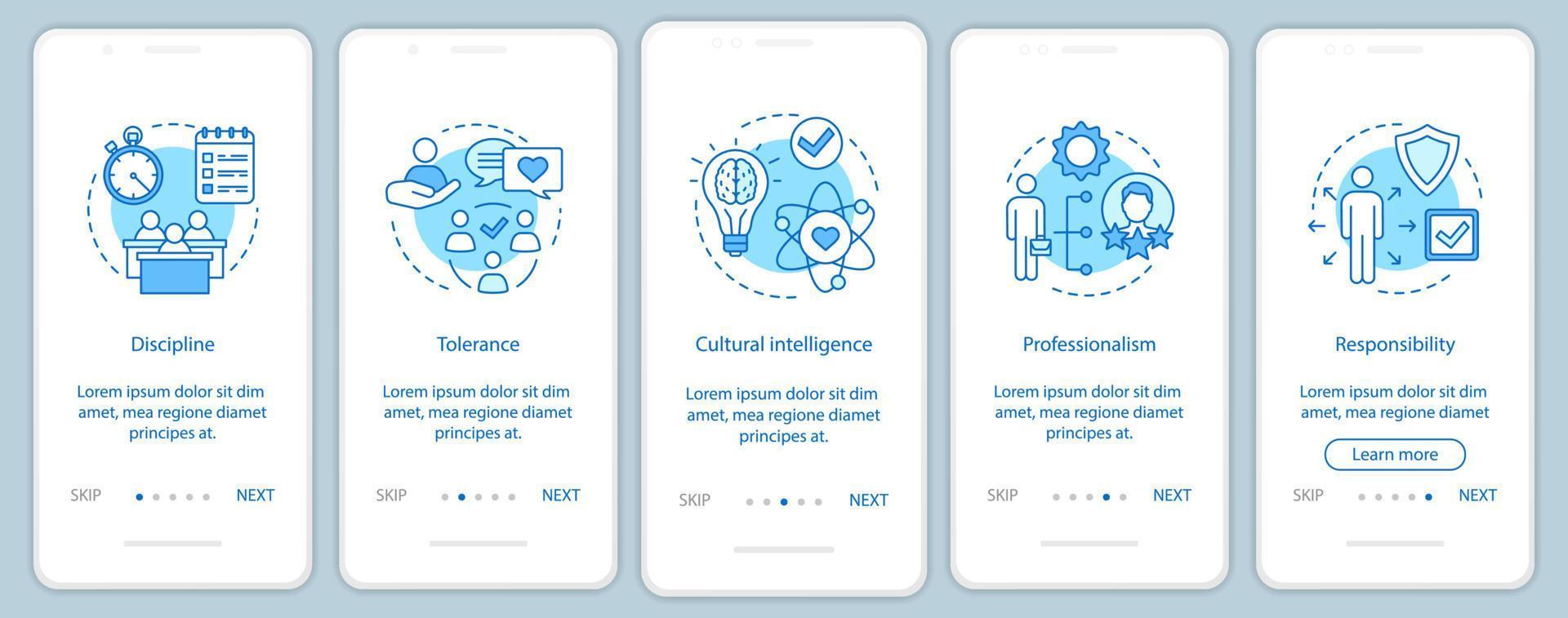 Employee soft skills onboarding mobile app page screen vector template. Baseline qualities, abilities walkthrough website steps. Responsibility, discipline, tolerance. UX, UI, GUI smartphone interface