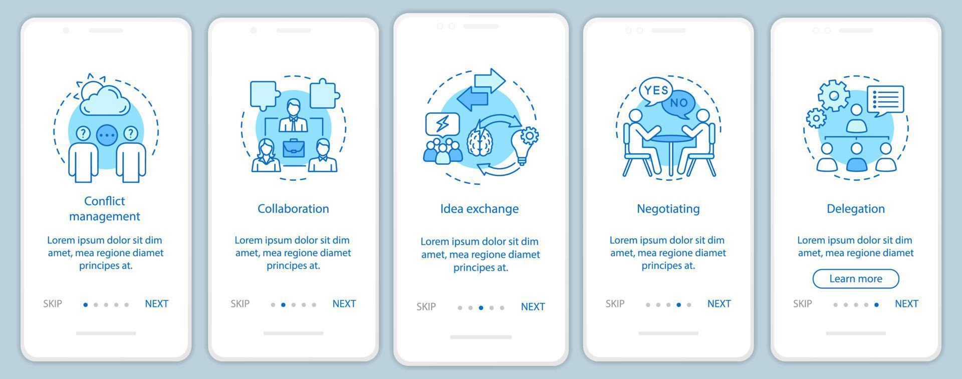 Teamwork skills and qualities onboarding mobile app page screen vector template. Employment walkthrough website steps. Negotiating, delegation, collaboration. UX, UI, GUI smartphone interface concept