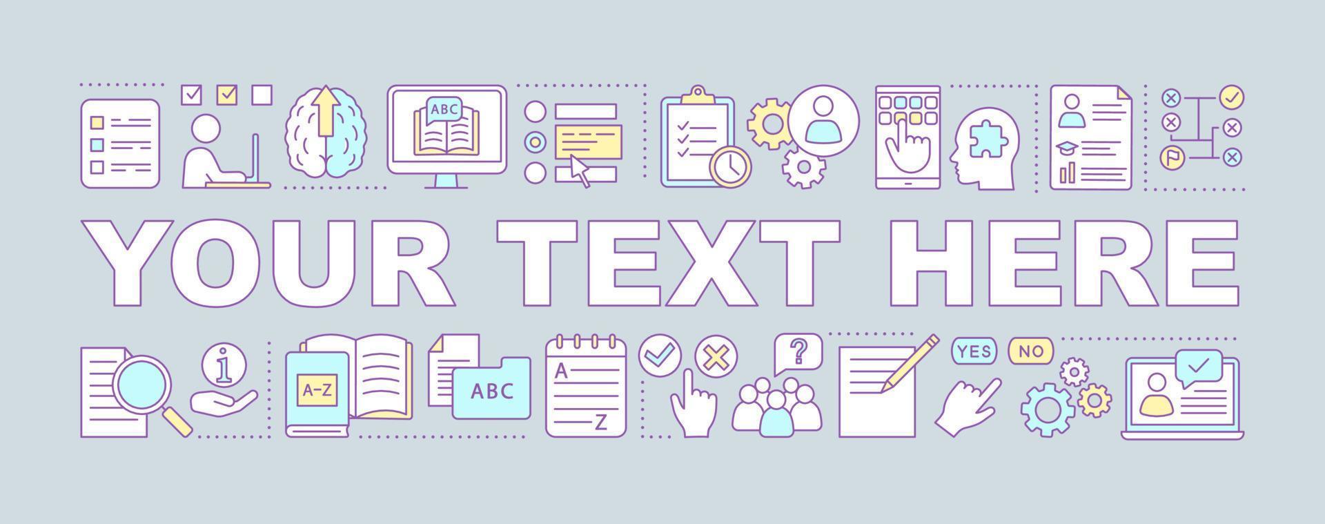 Language proficiency test word concepts banner. Your text here. Isolated lettering typography idea with linear icons. Online learning courses. Foreign language exam. Vector outline illustration
