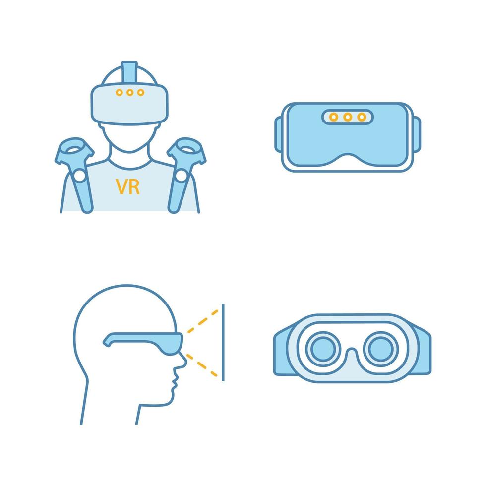 Virtual reality color icons set. VR player with mask, wireless controllers, headset inside view, 3D glasses. Isolated vector illustrations