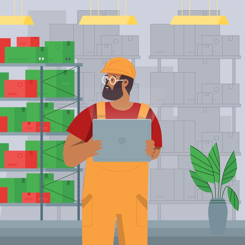 Warehouse Worker Using Tablet to Check Inventory Concept vector