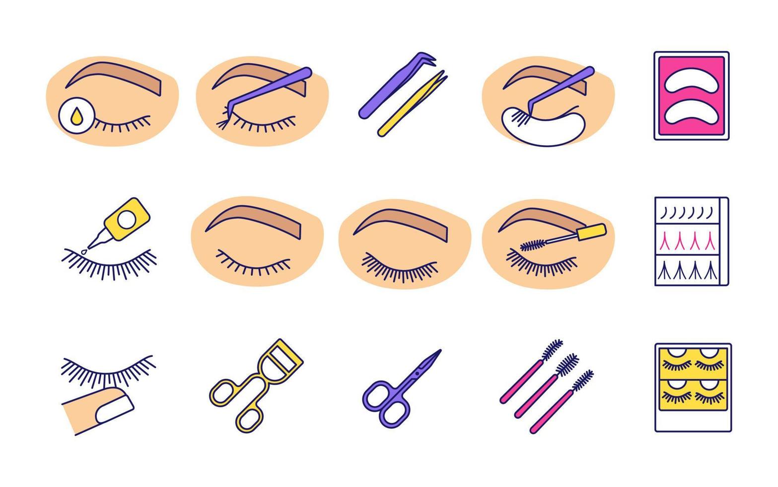 Eyelash extension color icons set. Individual, flare lashes. 3D, 2D volume eyelashes. Makeup. Scissors, lash curler, tweezers, mascara wand. Isolated vector illustrations