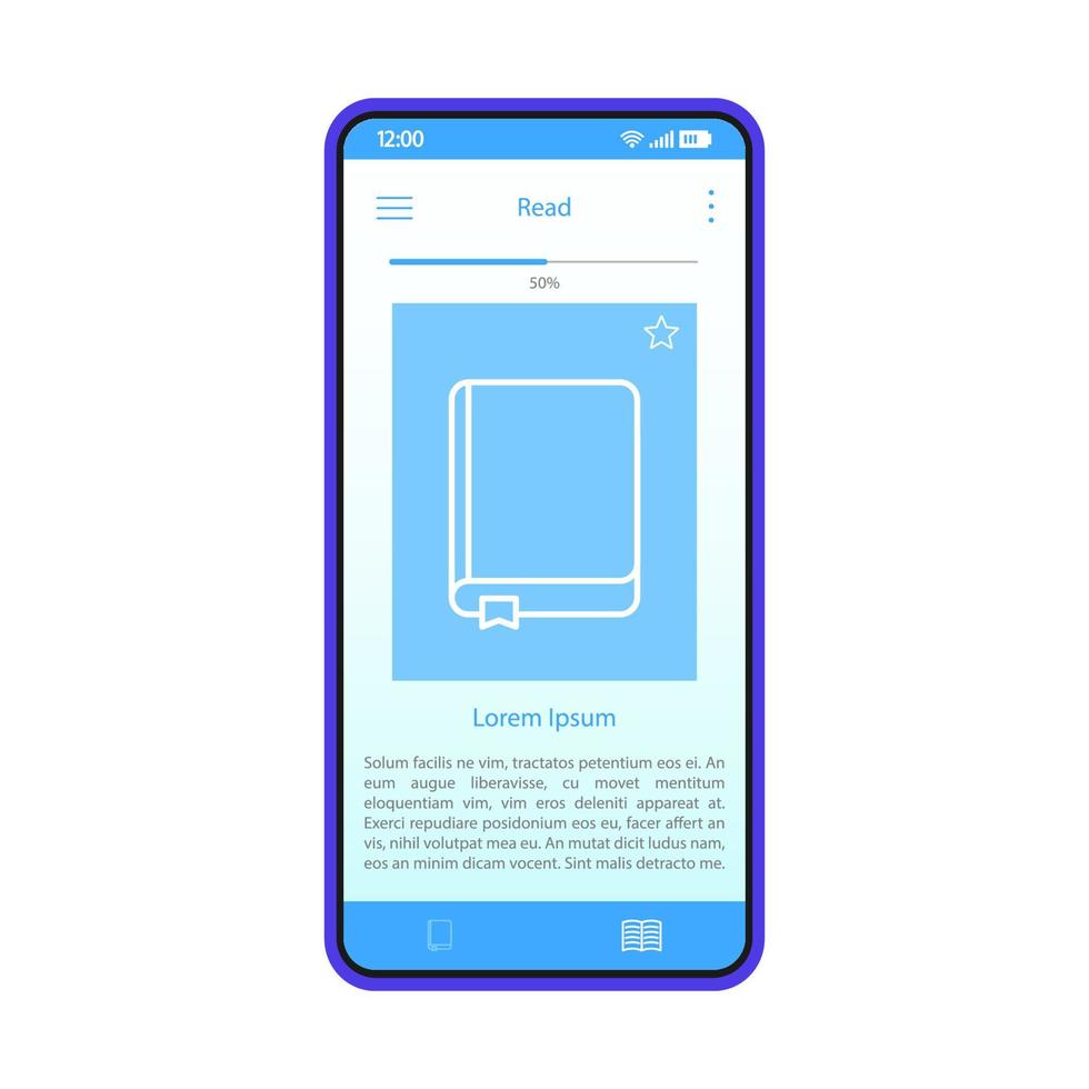 lectura de libros electrónicos plantilla de vector de interfaz de aplicación de teléfono inteligente. diseño de diseño azul de la página de la aplicación móvil. pantalla del lector electrónico. biblioteca virtual. librería online. ui plana. pantalla del teléfono con libro