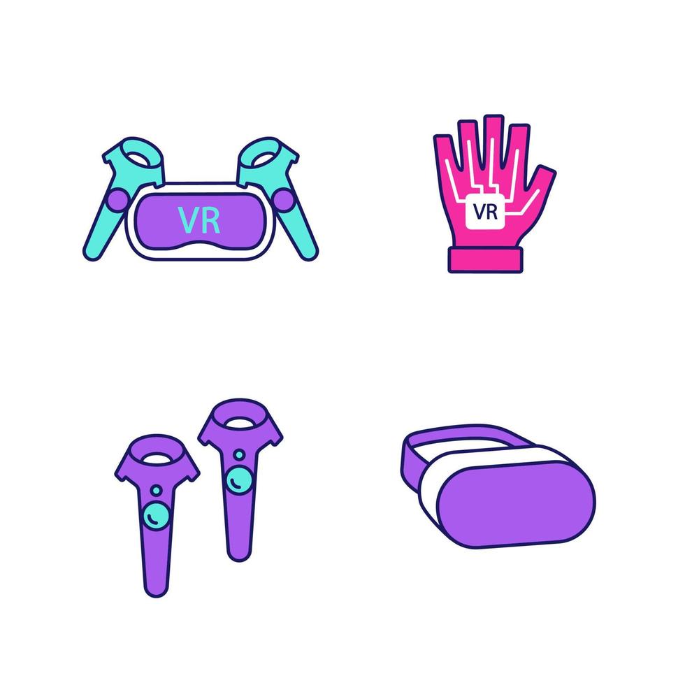 Virtual reality devices color icons set. VR headset and wireless controllers, haptic glove. Isolated vector illustrations