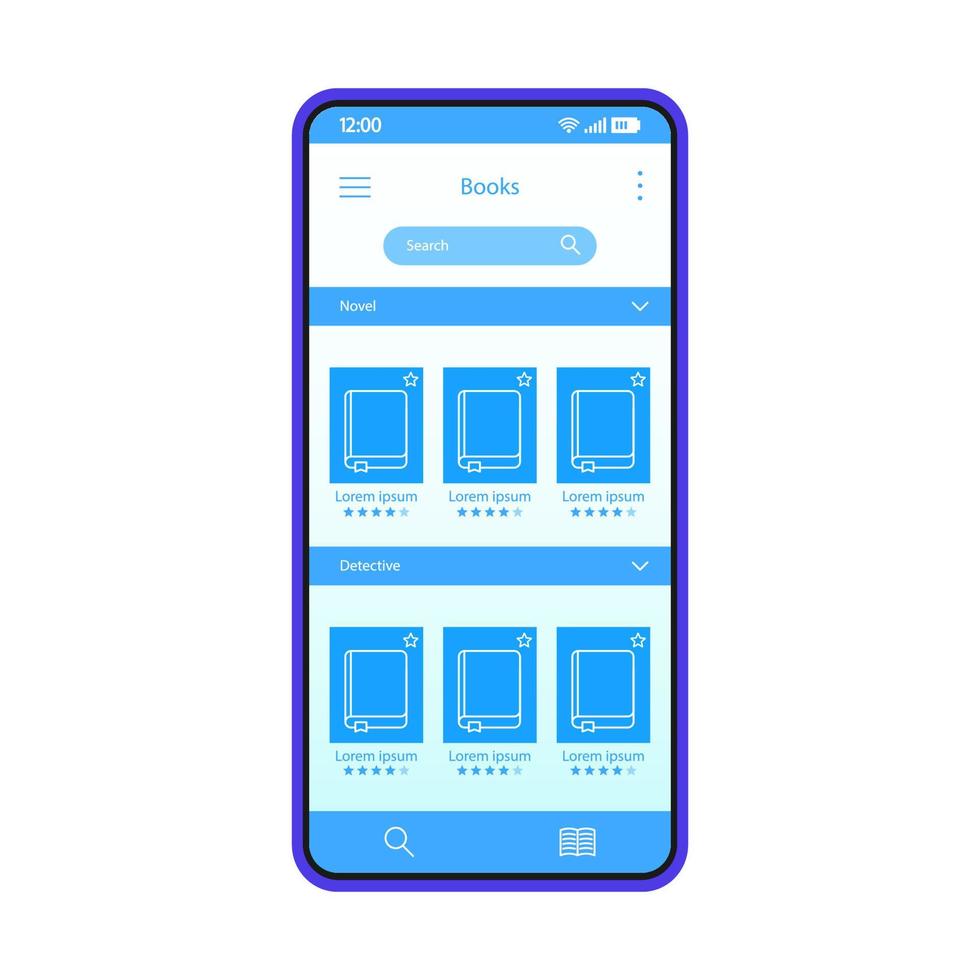 Digital books smartphone interface vector template. Mobile e-reader app page layout. Ebooks shop. Buying books online screen. Virtual library. Online bookstore. Flat UI for application. Phone display