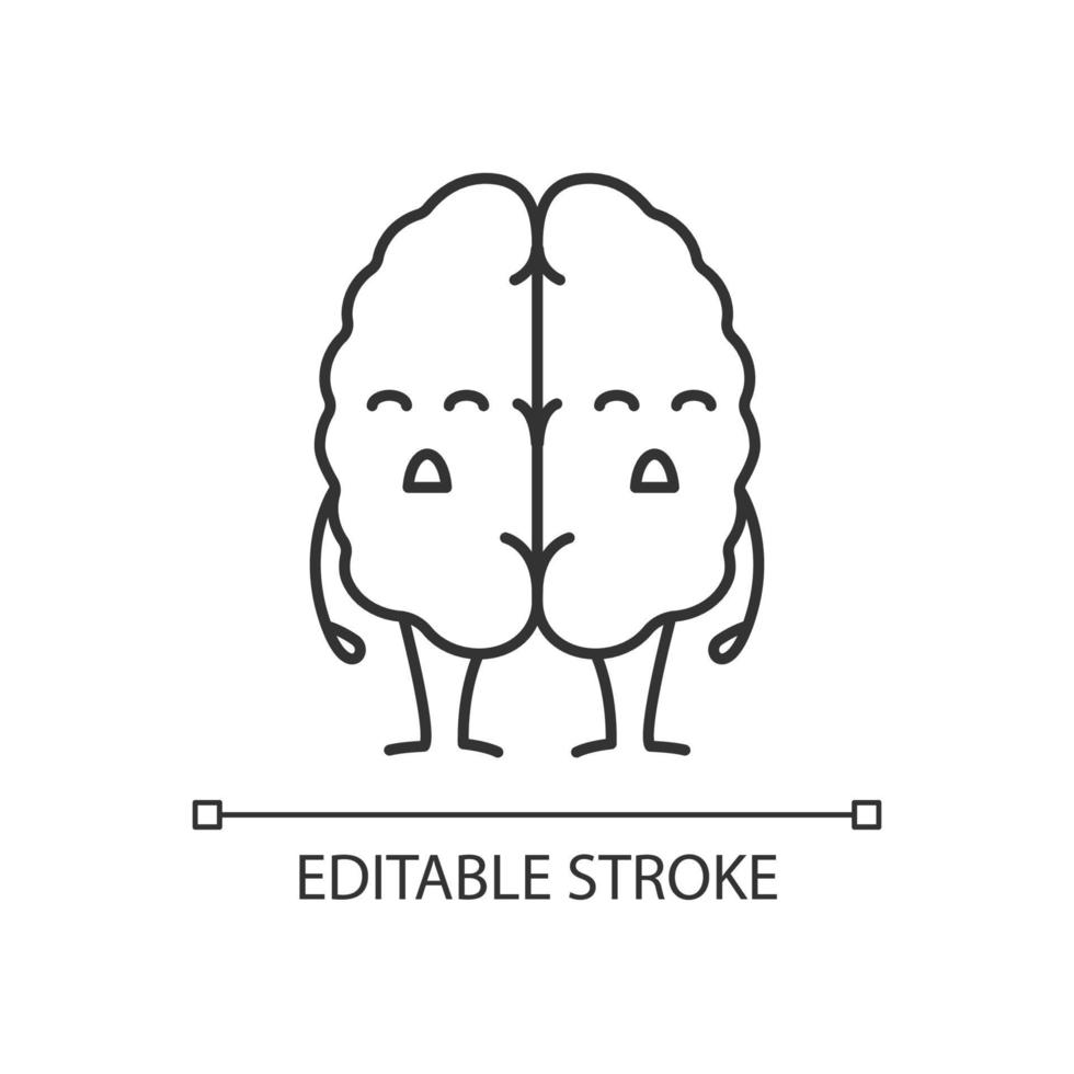 Sad human brain emoji linear icon. Thin line illustration. Dementia, stroke. Unhealthy nervous system organ character. Contour symbol. Vector isolated outline drawing. Editable stroke