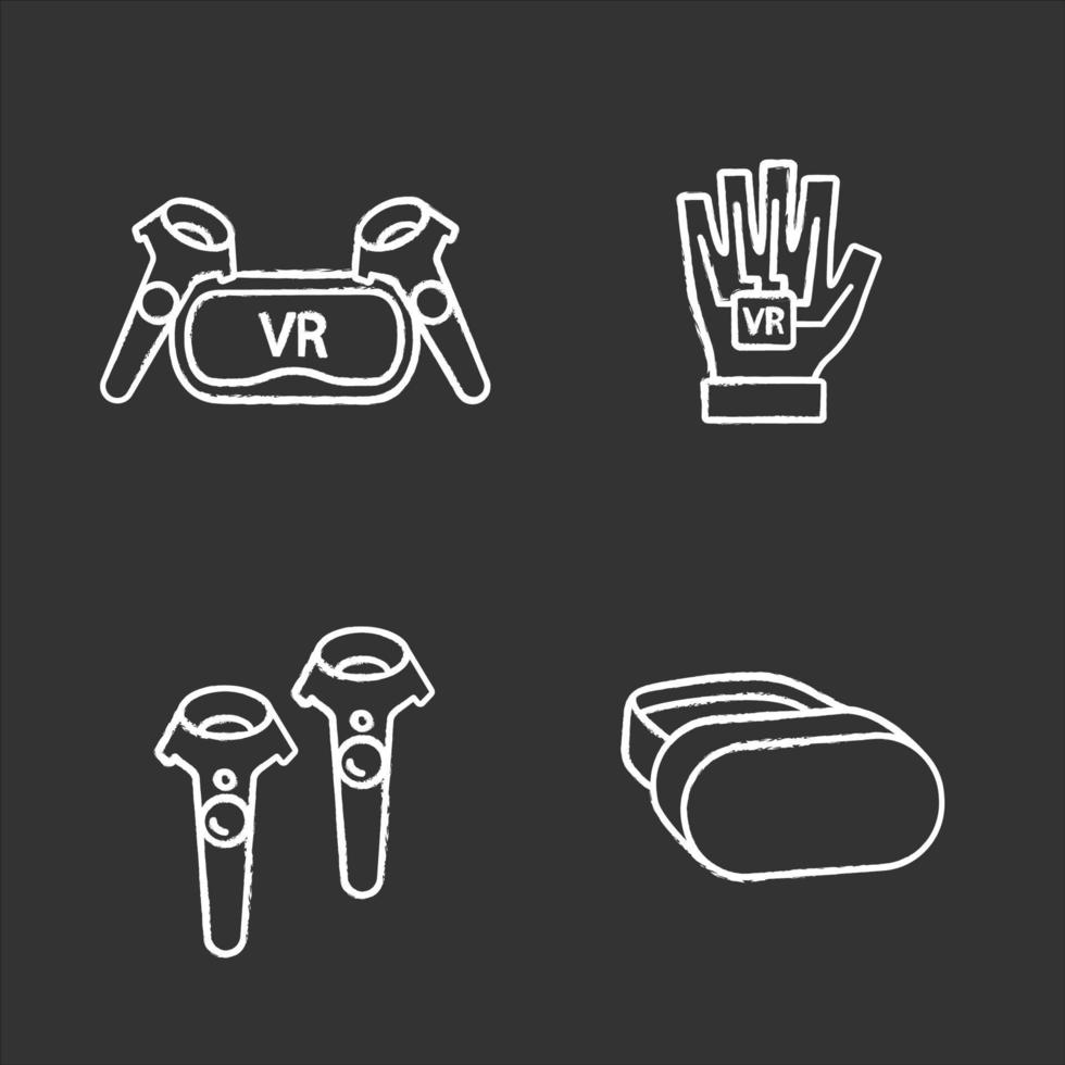 Conjunto de iconos de tiza de dispositivos de realidad virtual. Auriculares vr y controladores inalámbricos, guante háptico. ilustraciones de pizarra vector aislado