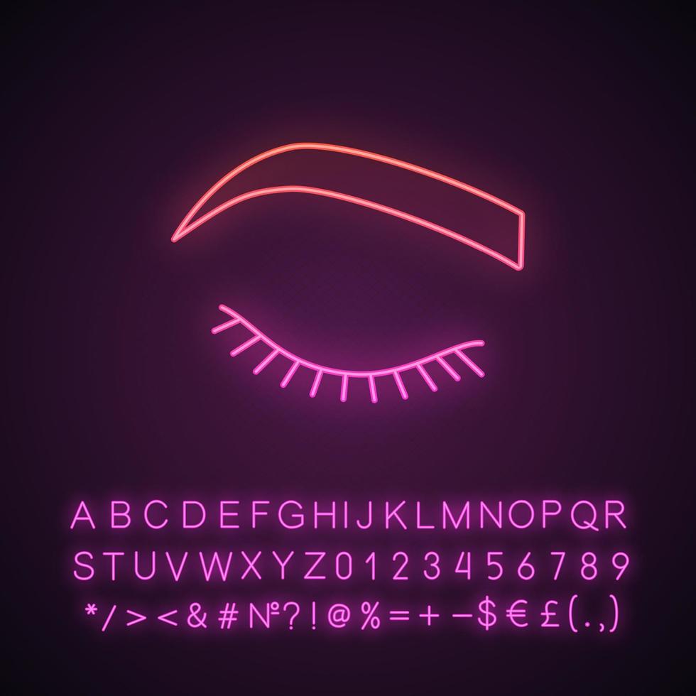 Closed woman eye neon light icon. Before eyelash extension. Soft angled eyebrows. Brows shaping. Microblading, tattooing. Glowing sign with alphabet, numbers and symbols. Vector isolated illustration