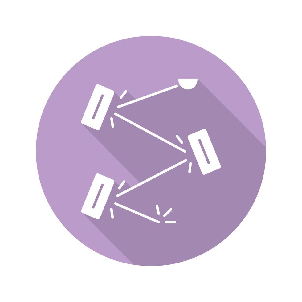 Física láser violeta diseño plano larga sombra glifo icono. rama de óptica. electrónica cuántica, construcción láser, cavidad óptica. reflejo de luz. experimento óptico. ilustración de silueta de vector