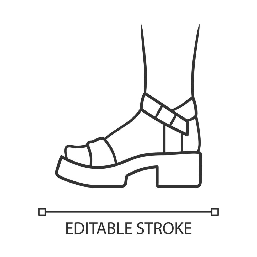 Block heel linear icon. Woman stylish footwear. Female casual shoes, ladies modern summer sandals side view. Editable stroke. Thin line illustration. Contour symbol. Vector isolated outline drawing