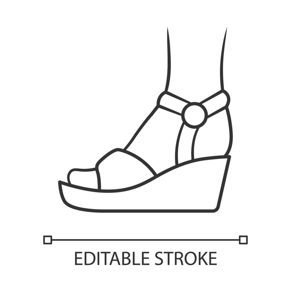 Wedges linear icon. Woman stylish footwear. Female casual shoes, elegant sandals with platform heel. Editable stroke. Thin line illustration. Contour symbol. Vector isolated outline drawing