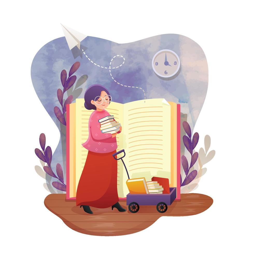 Female Librarian With Pile of Books vector