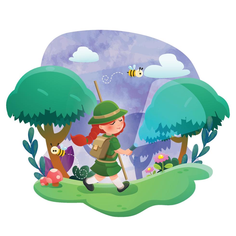 Una niña exploradora va a acampar en el bosque. vector