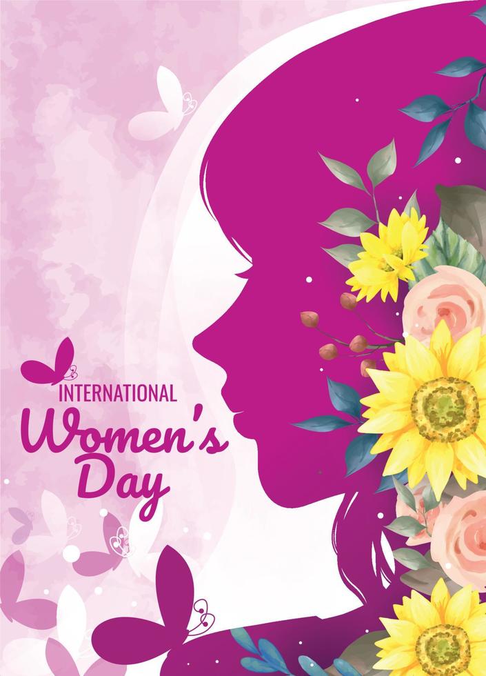 Woman in Pink Silhouette and Watercolor Flowers for Womens Day vector