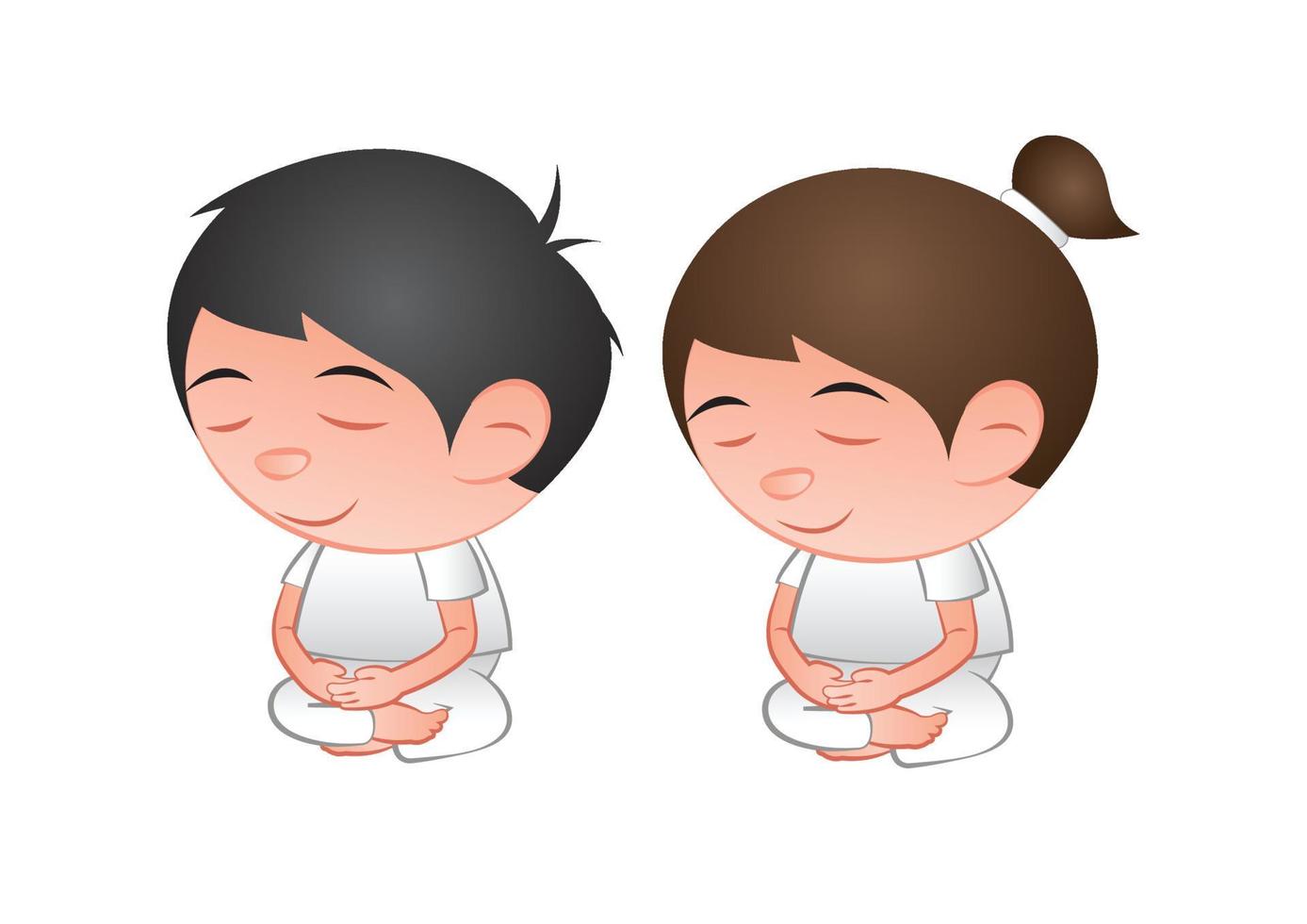 Big bubble head man and woman cartoon meditation to practice mind and learn Dharma vector