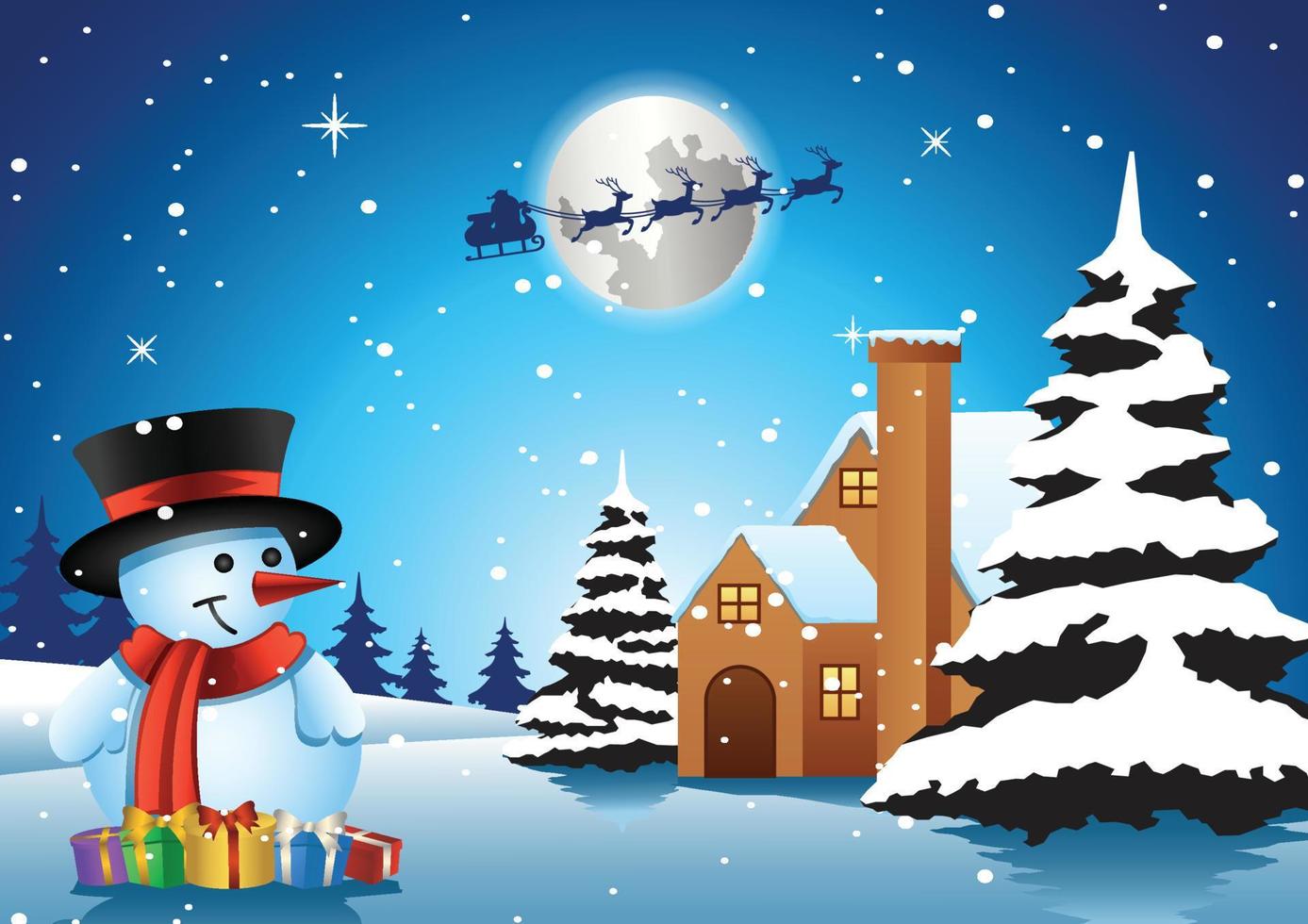snowman stand in front of lonely house on xmas night and santa fly away to send gift to everyone vector