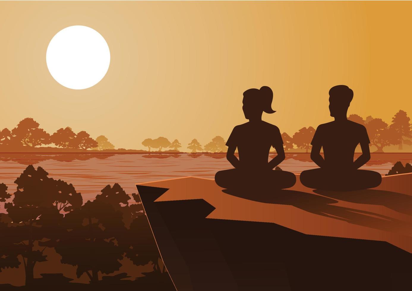 Buddhist woman and man train meditation to come to peace and out of suffer under the tree vector