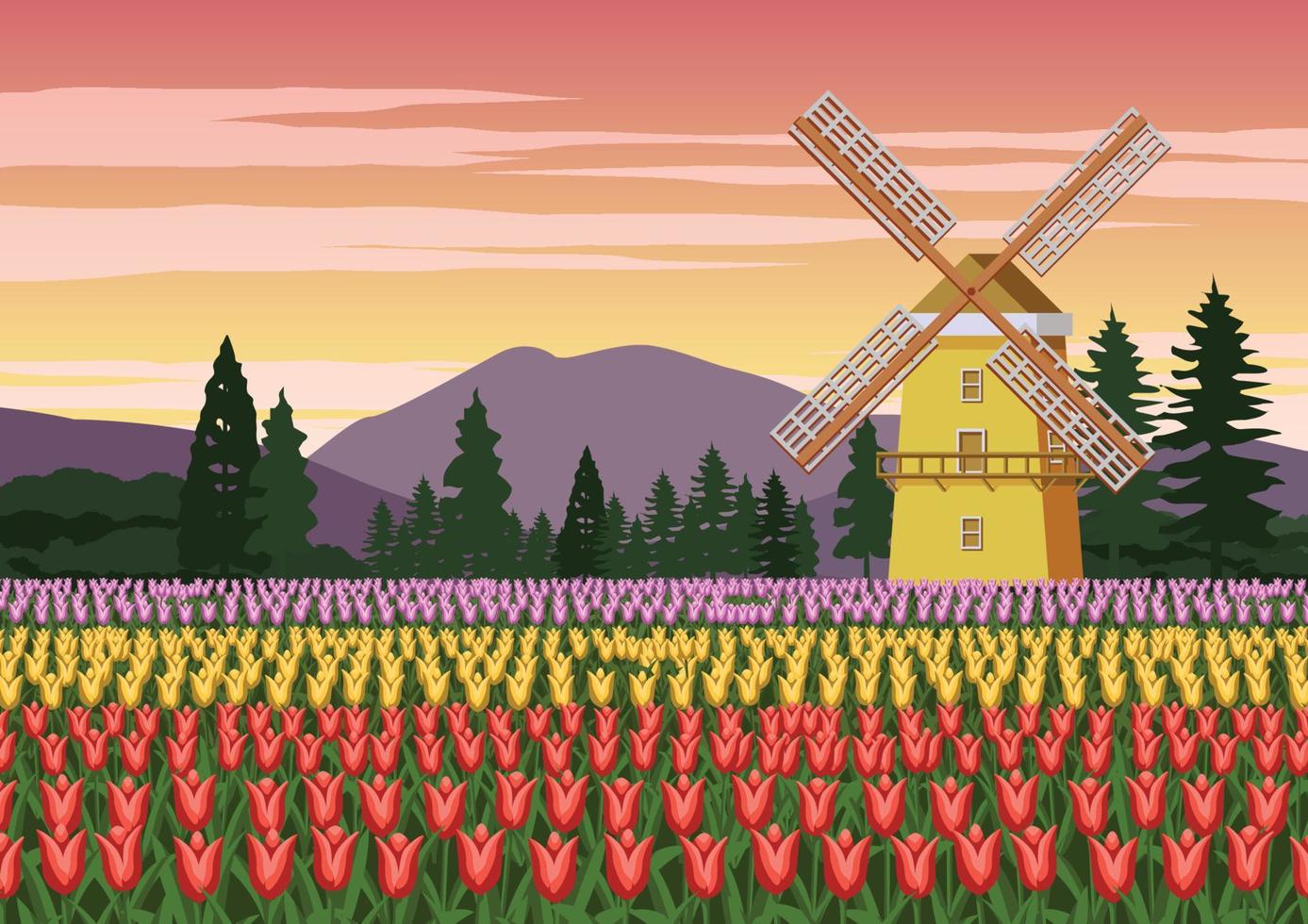 Jardín de tulipanes, símbolo famoso de Holanda y molino de viento con hermosa naturaleza, color vintage vector
