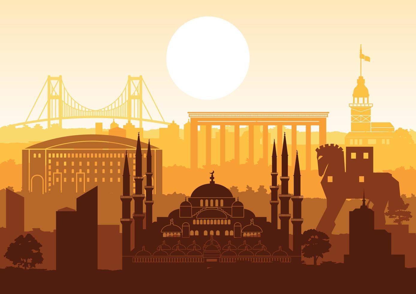 Turkey famous landmark silhouette style with row design on sunset time,vintage color vector