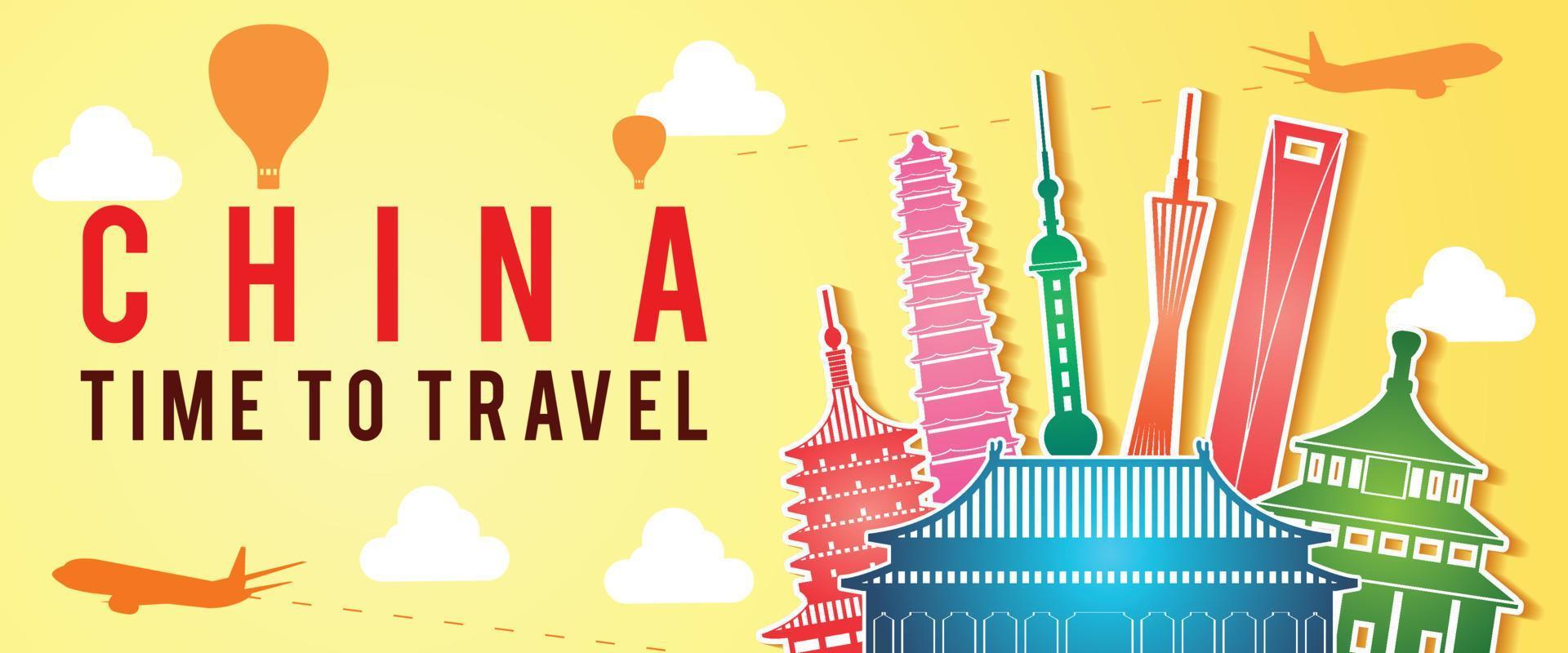 yellow banner of China famous landmark silhouette colorful style,plane and balloon fly around with cloud vector
