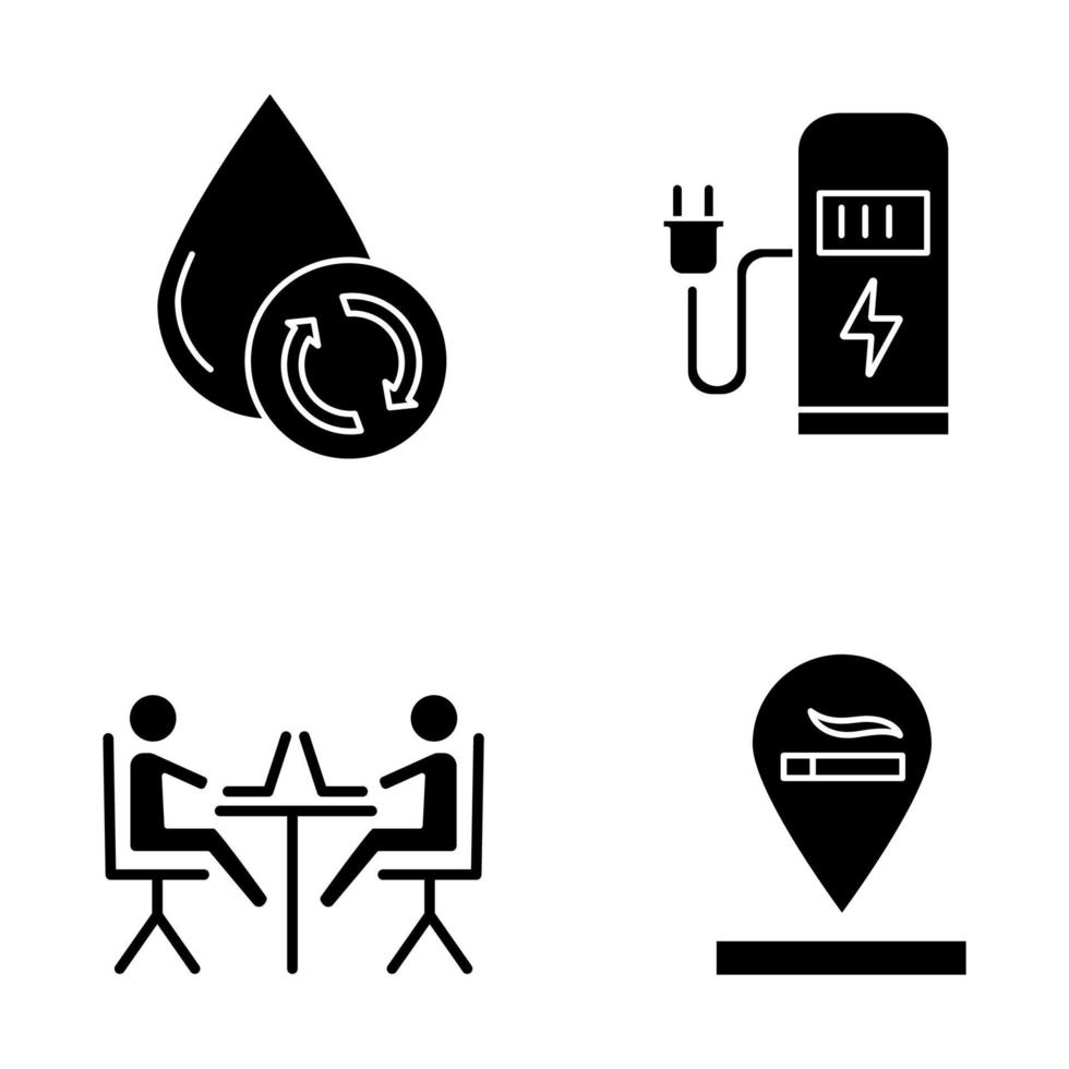 Apartment amenities glyph icons set. Water filtration, car charging station, coworking space, smoking allowed. Comfortable house. Residential services. Silhouette symbols. Vector isolated illustration