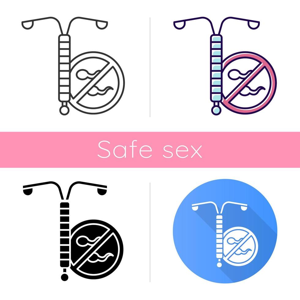 Intrauterine device icon. Vaginal coil for woman. Preservative, female contraceptive. Pregnancy prevention. Birth control. Safe sex. Flat design, linear and color styles. Isolated vector illustrations