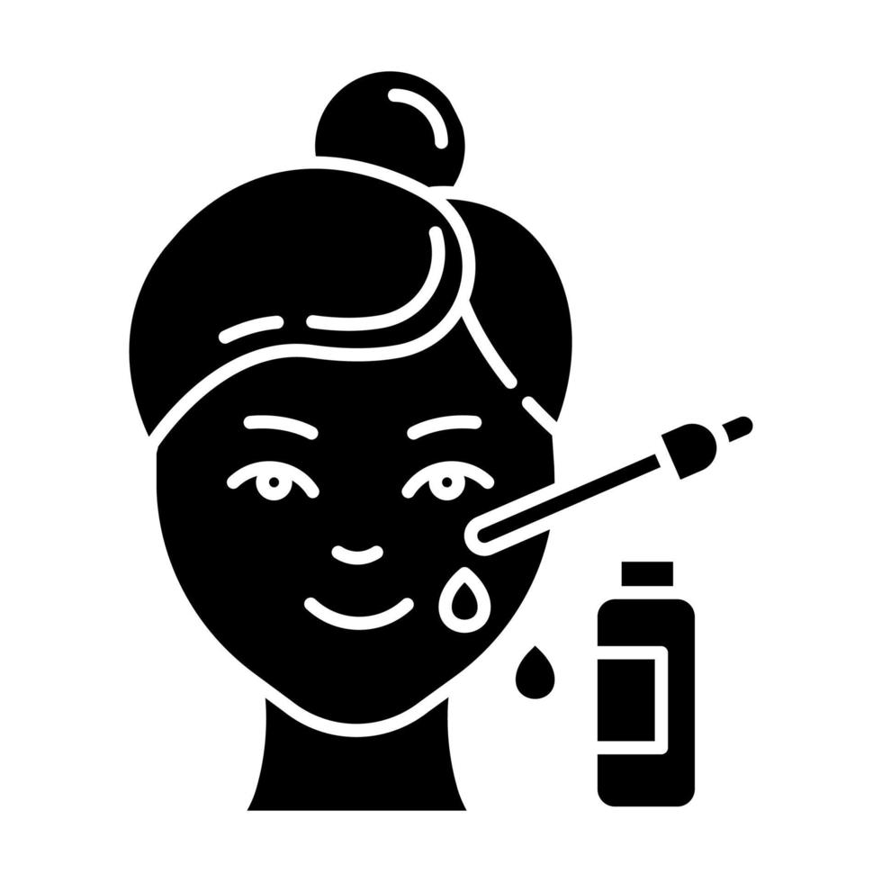 Using serum glyph icon. Skin care procedure. Facial beauty treatment. Lifting and exfoliating effect. Oil product for skin. Dermatology. Silhouette symbol. Negative space. Vector isolated illustration