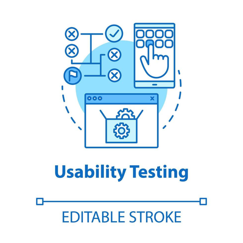 prueba de usabilidad icono de concepto turquesa. Ilustración de línea fina de idea de desarrollo de software. interacción del usuario con el sistema. programación de aplicaciones. se proyecta. dibujo de contorno aislado vectorial. trazo editable vector