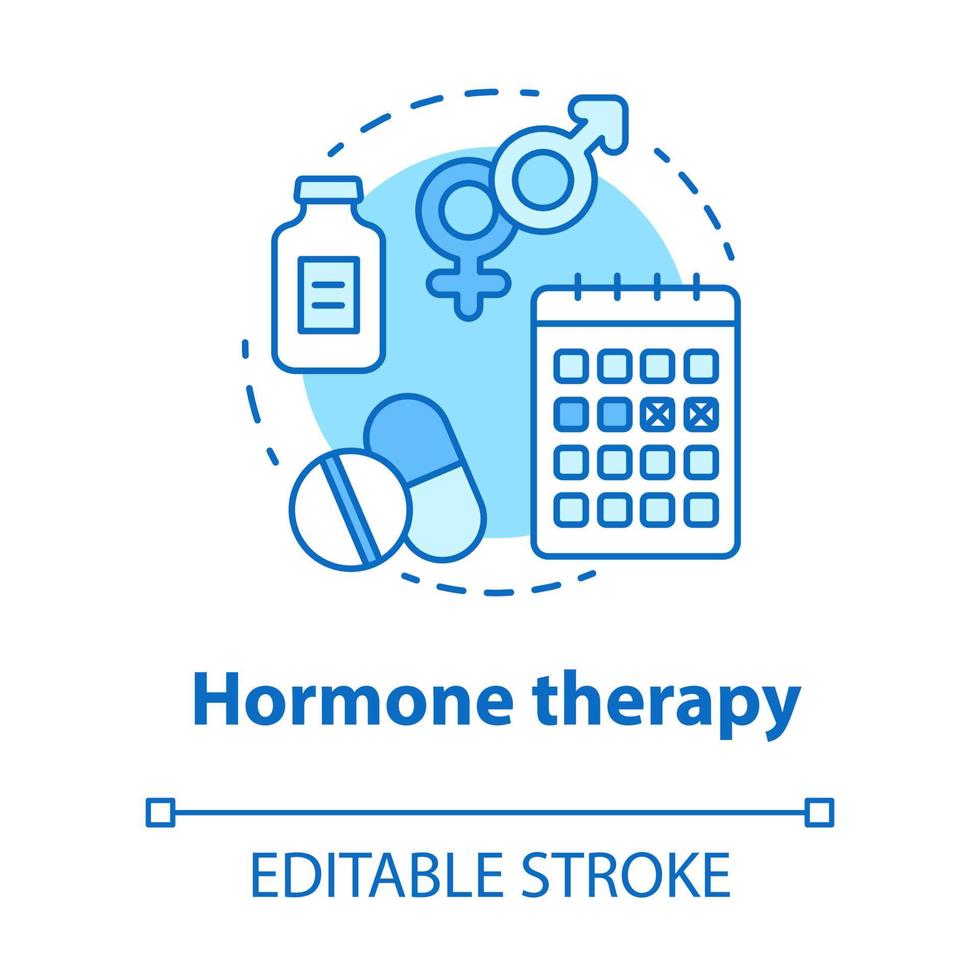 Hormone therapy concept icon. Medical treatment idea thin line illustration. Medicine, pills, birth control. Menopause, cancer, transgender medication. Vector isolated outline drawing. Editable stroke