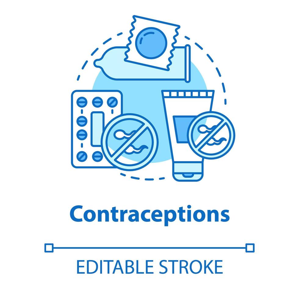 Contraceptions concept icon. Safe sex idea thin line illustration. Unwanted pregnancy prevention, hormone therapy, birth control. Condom, pills. Vector isolated outline drawing. Editable stroke