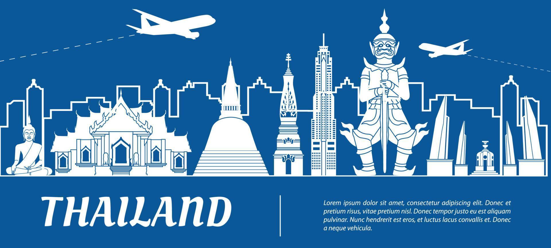 Thailand famous landmark silhouette with blue and white color design vector